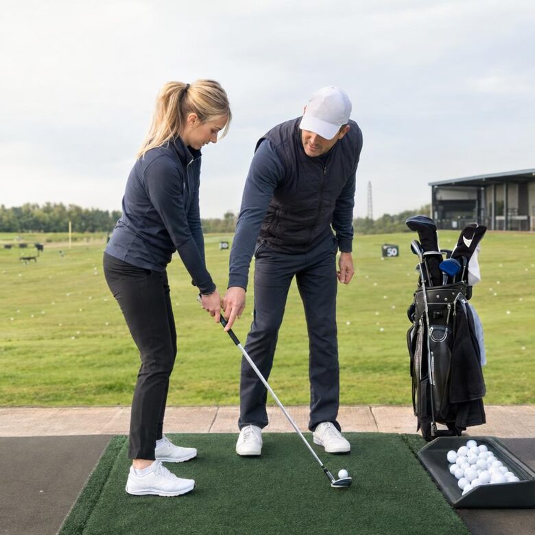 Professional golf coach giving a lesson at a practice range